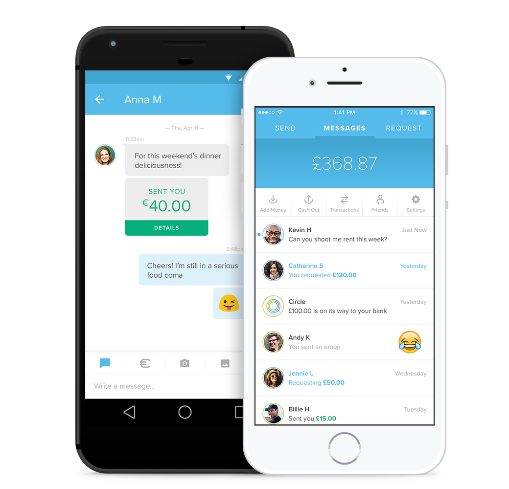 Original 2016 Circle Pay messaging screens on Android and iPhone; historical app imagery, not a CRCLPAY payment interface.
